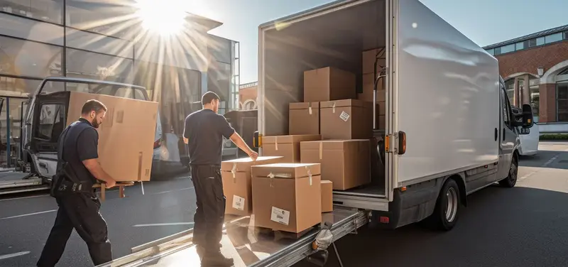 Removalists loading boxes into a van on a sunny morning